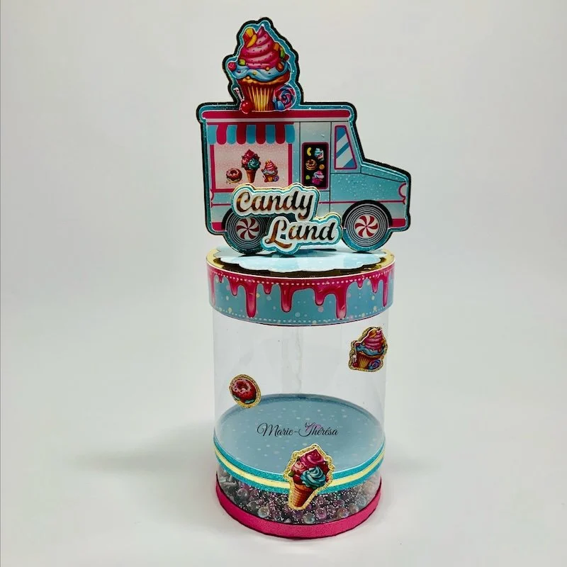 Boîte pour Pringles personnalisée sur le thème Candy Land avec décors de bonbons en relief